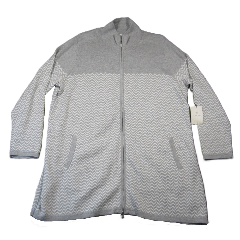 Aspen Cardigan 3X Gray Aspen Chevron Herringbone Zip Up Mock Neck Preppy Ski NEW